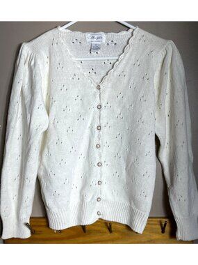 Vtg Margules Pointelle Cardigan Cotton White Cottagecore Fairy Twee Dainty Wom S